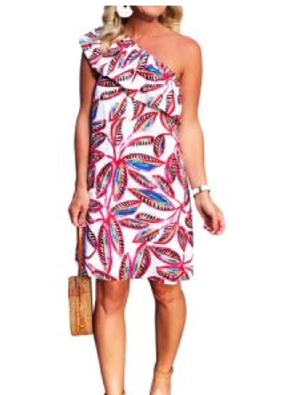 J. Crew Factory One-Shoulder Mini Dress in White with Pink & Blue Leaf Print